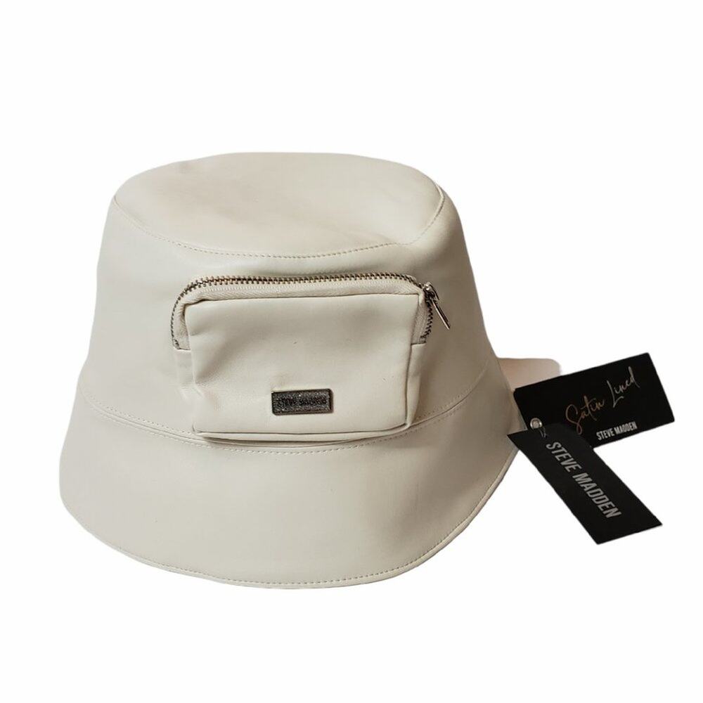 Steve Madden Bucket Hat Womens Faux Leather One Size Pocket Ivory NWT